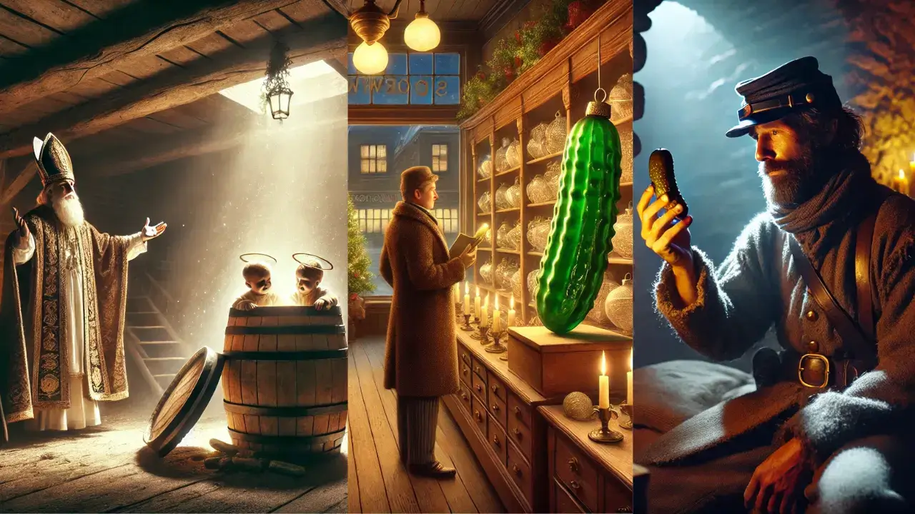 Three iconic legends about the Christmas Pickle tradition, including the Civil War Miracle Pickle, Woolworth's Glass Ornament, and Saint Nicholas and the Pickle Barrel.